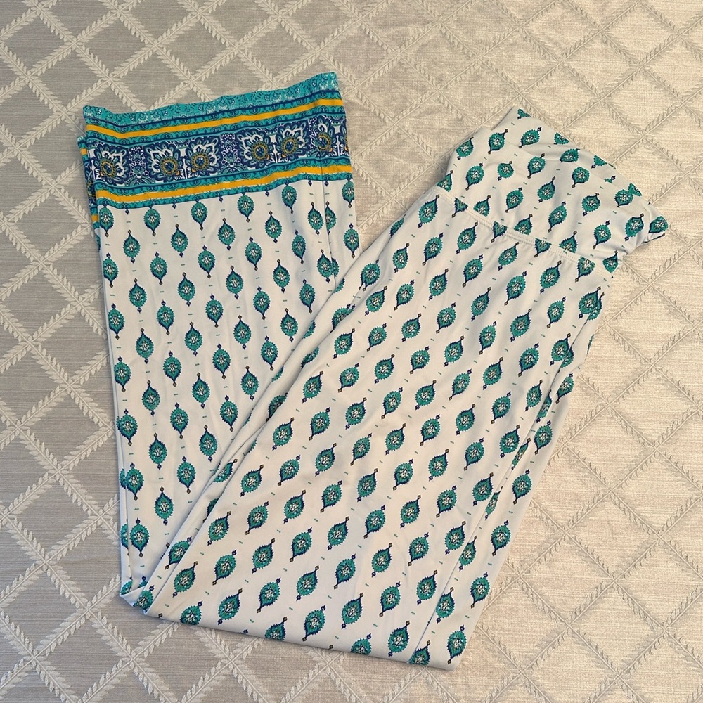 Cabana Life White and Teal Wide Leg Fold Over Beach Pants🏖️
